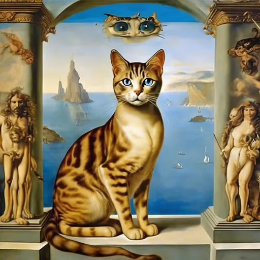Prompt: Goddess in a Fresco by Italian renaissance master, cats on the frame, cats in the eyes, salvador dali, surreal