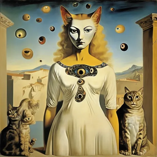 Prompt: Cat goddess, wearing a dress made of animal eyes, in a fresco, salvador dali vision, mystigue
