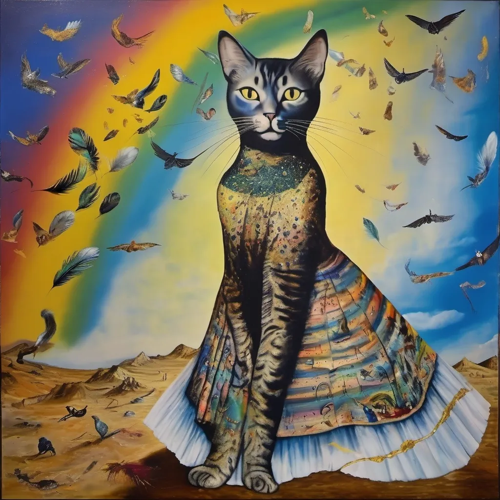 Prompt: in a fresco, Cat goddess wearing a skirt and a top, the skirt is made of starling bird feathers, the top is made of cat hair, salvador dali vision, melting, in the midst of a rainbow thunder storm, the cat is sent by god, illuminated