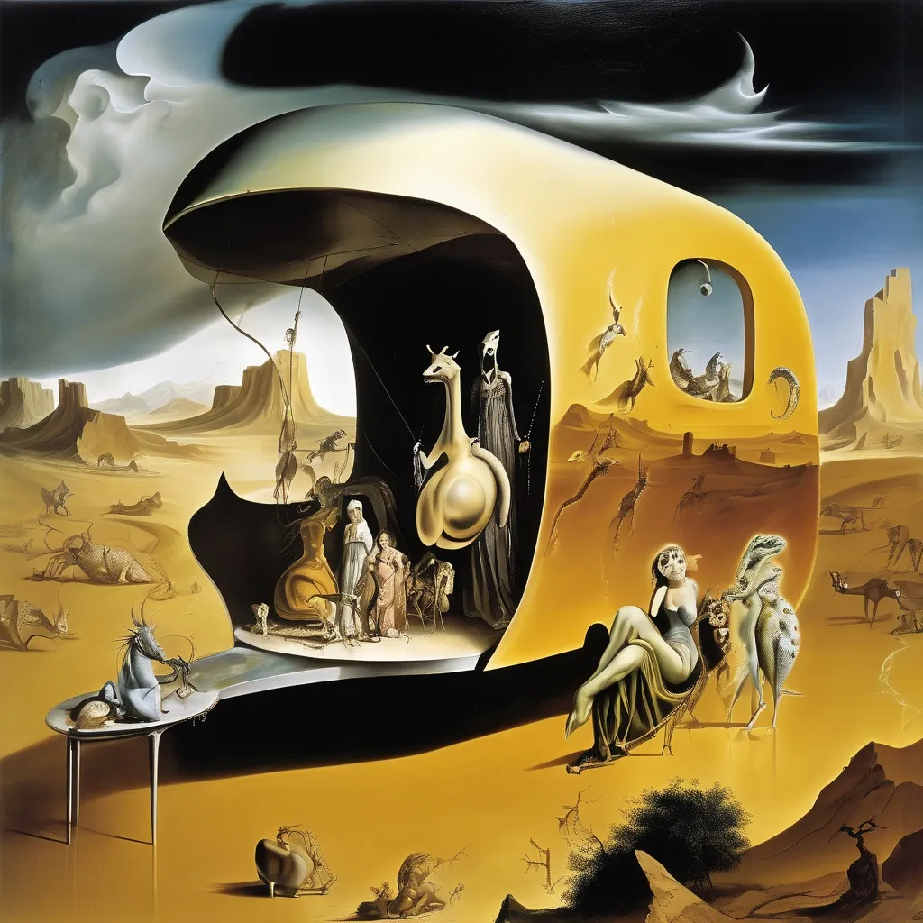 Prompt: a Fresco by Italian renaissance master, salvador dali vision, melting
Forgotten desert queen, ghostly caravan, black desert, reptile like animals pulling the caravan
"In a dreamlike realm, celestial rainstorm