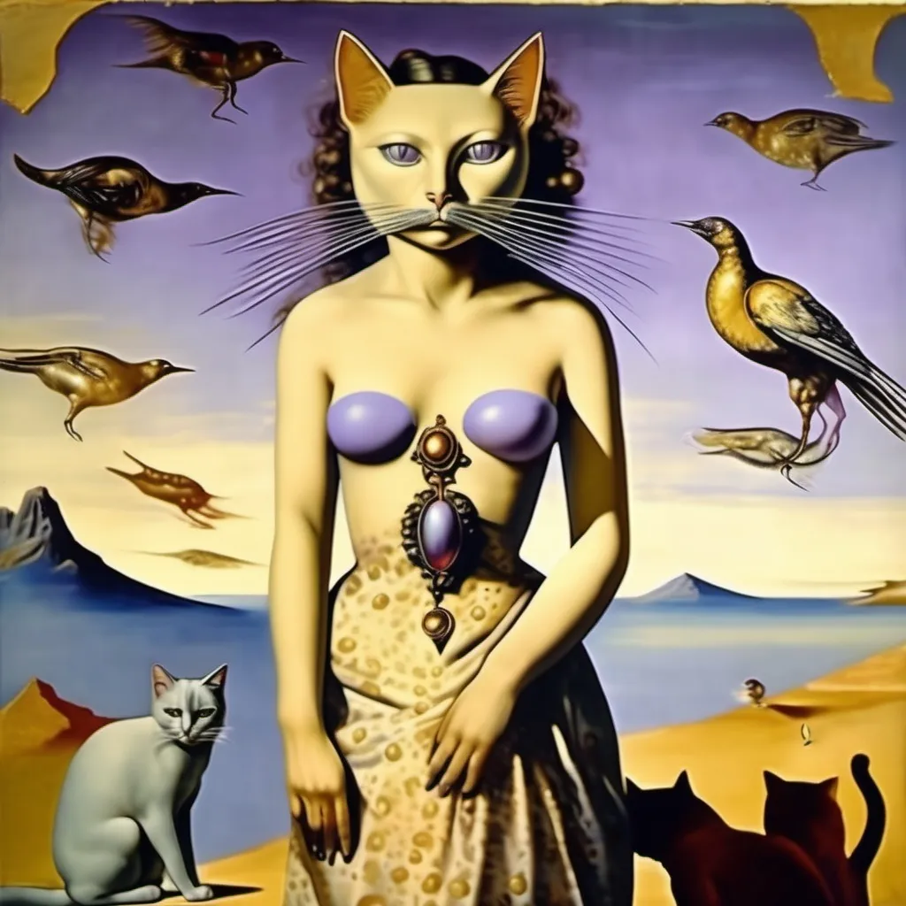Prompt: Cat goddess, wearing a skirt, the skirt is made of starling bird feathers, in a fresco, salvador dali vision, melting, soft purple golden light