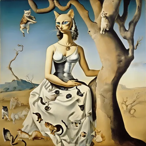 Prompt: Cat goddess, wearing a dress made of animal eyes, in a fresco, salvador dali vision, climbing a tree