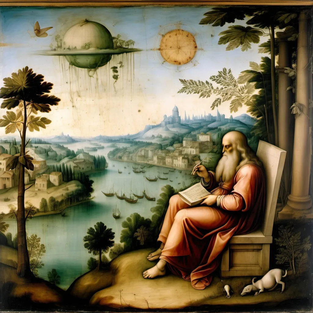 Prompt: In a fresco, leonardo da vinci,

devastating impact of pollution on the planet, the resilience of nature ,  the possibility of human redemption. the contrast between the beauty of the natural world and the ugliness of human neglect, inviting the viewer to contemplate their own relationship with the environment."

