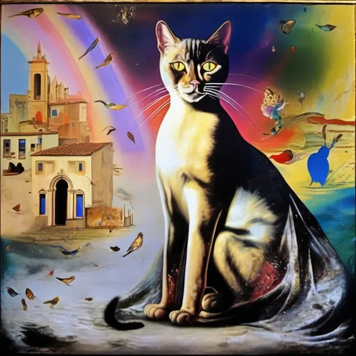 Prompt: in a fresco, Cat goddess wearing a skirt and a top, the skirt is made of starling bird feathers, the top is made of cat hair, salvador dali vision, melting, in the midst of a rainbow thunder storm, the cat is sent by god, illuminated