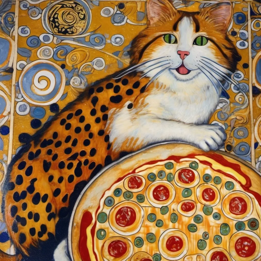 Prompt: In a fresco, Gustav klimt, jugendstil, swirls cat eats a pizza, trippy, shining sand, ceramic
