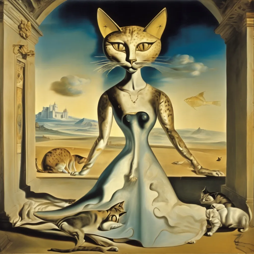 Prompt: Cat goddess, wearing a dress made of animal eyes, in a fresco, salvador dali vision, mystigue