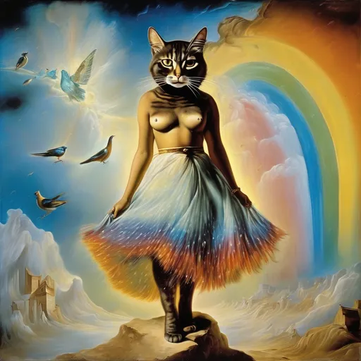 Prompt: in a fresco, Cat goddess wearing a skirt, the skirt is made of starling bird feathers salvador dali vision, melting, in the midst of a rainbow thunder storm, the cat is sent by god, illuminated