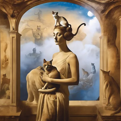 Prompt: Goddess in a Fresco by Italian renaissance master, cats, salvador dali, surreal, heavy fog, temple oasis, cats on the frame, sepia colours