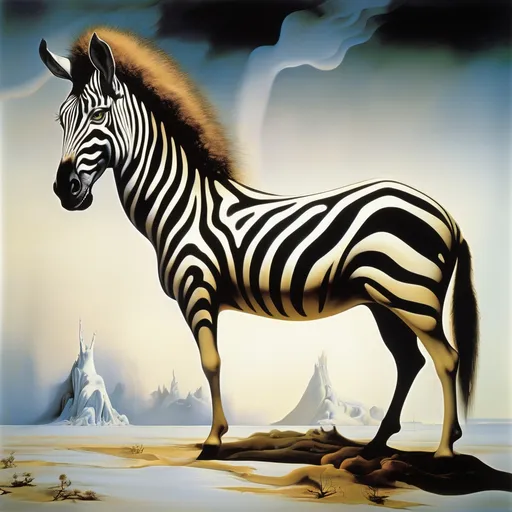 Prompt: Salvador dali vision, melting, surreal, One psychedelic and mystical image of one fantasy animal, made up of a large number of other animals. The creature camouflages into the background. Half  zebra fur, Darker light, light fog