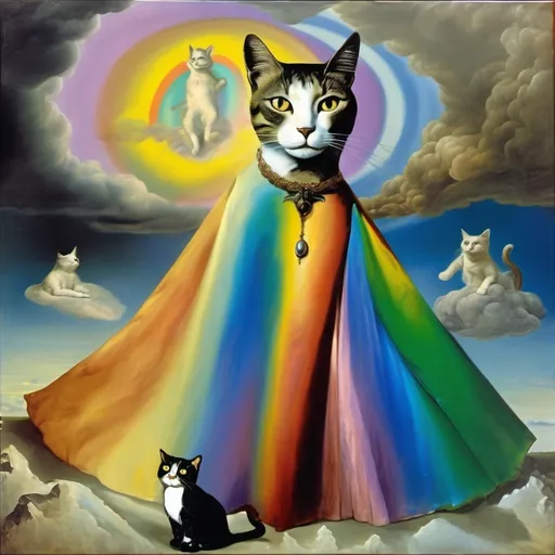 Prompt: in a fresco, Cat goddess wearing a skirt and a top, the top is made of cat hair, salvador dali vision, melting, in the midst of a rainbow thunder storm, the cat is sent by god, illuminated