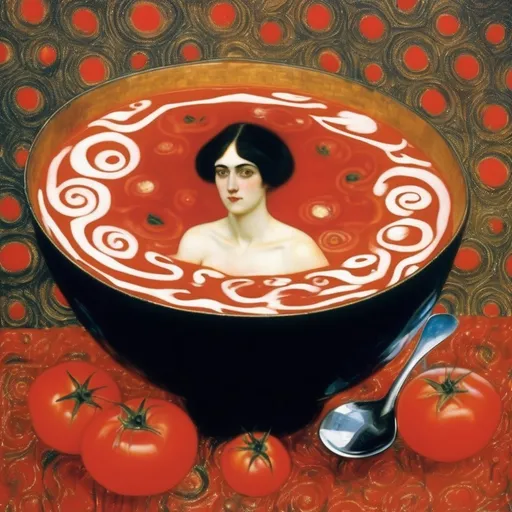 Prompt: Gustav klimt, bowl of tomato soup, trippy swirls in the soup, the love of soup