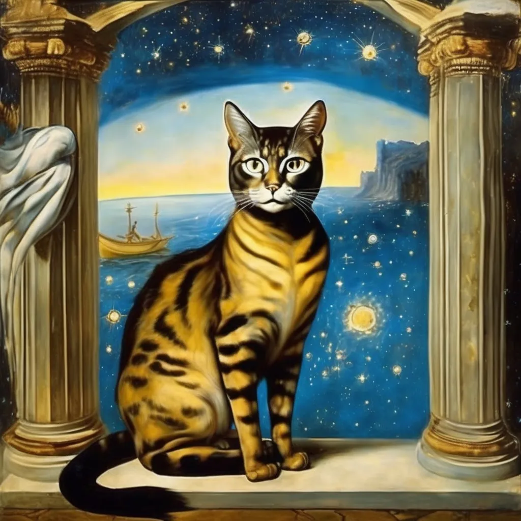 Prompt: Goddess in a Fresco by Italian renaissance master, cats on the frame, cats in the eyes, salvador dali, surreal, black sea, starry night