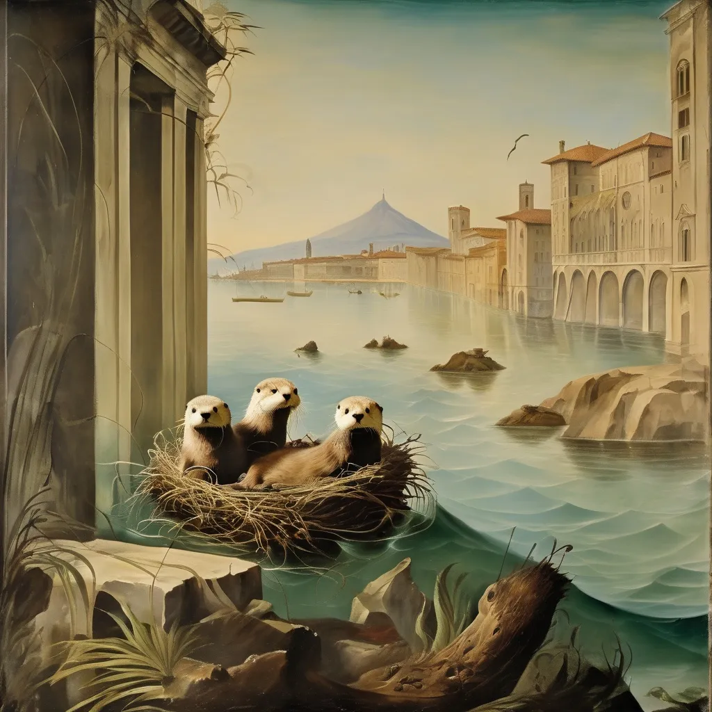 Prompt: Sea otters, building a nest in an urban jungle, in a Fresco by Italian renaissance master.Object located in Firenze.  Ethereal light, salvador dali vision