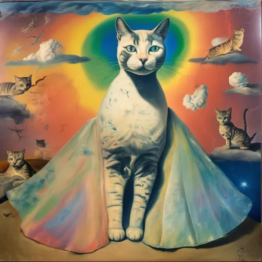 Prompt: in a fresco, Cat goddess wearing a skirt and a top, the top is made of cat hair, salvador dali vision, melting, in the midst of a rainbow thunder storm, the cat is sent by god, illuminated