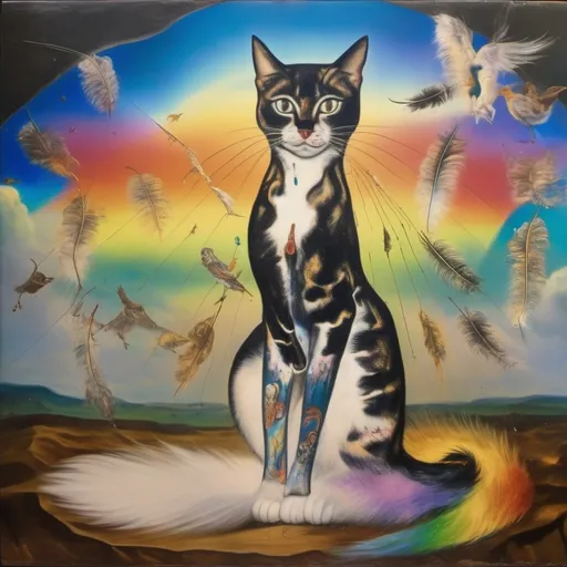 Prompt: in a fresco, Cat goddess wearing a skirt and a top, the skirt is made of starling bird feathers, the top is made of cat hair, salvador dali vision, melting, in the midst of a rainbow thunder storm, the cat is sent by god, illuminated