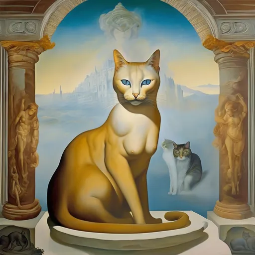 Prompt: Goddess in a Fresco by Italian renaissance master, cats, salvador dali, surreal, heavy fog, temple oasis