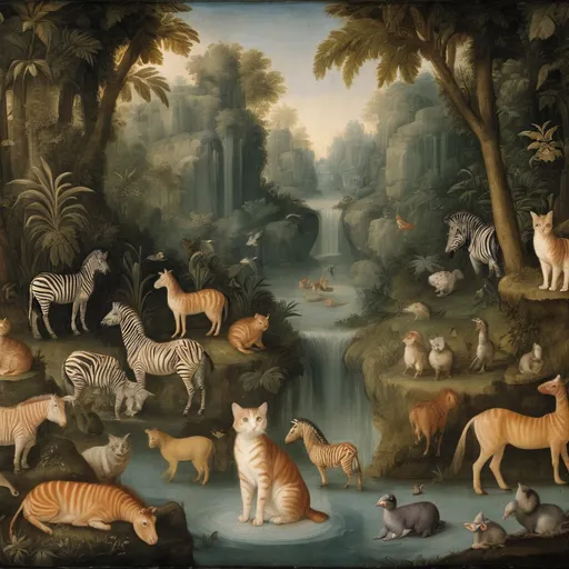 Prompt: Fresco, da vinci, fantasy animals, a life at the waterfall, bathing cat people, swimming zebra ducklings, gentle jungle, paradise, 1600