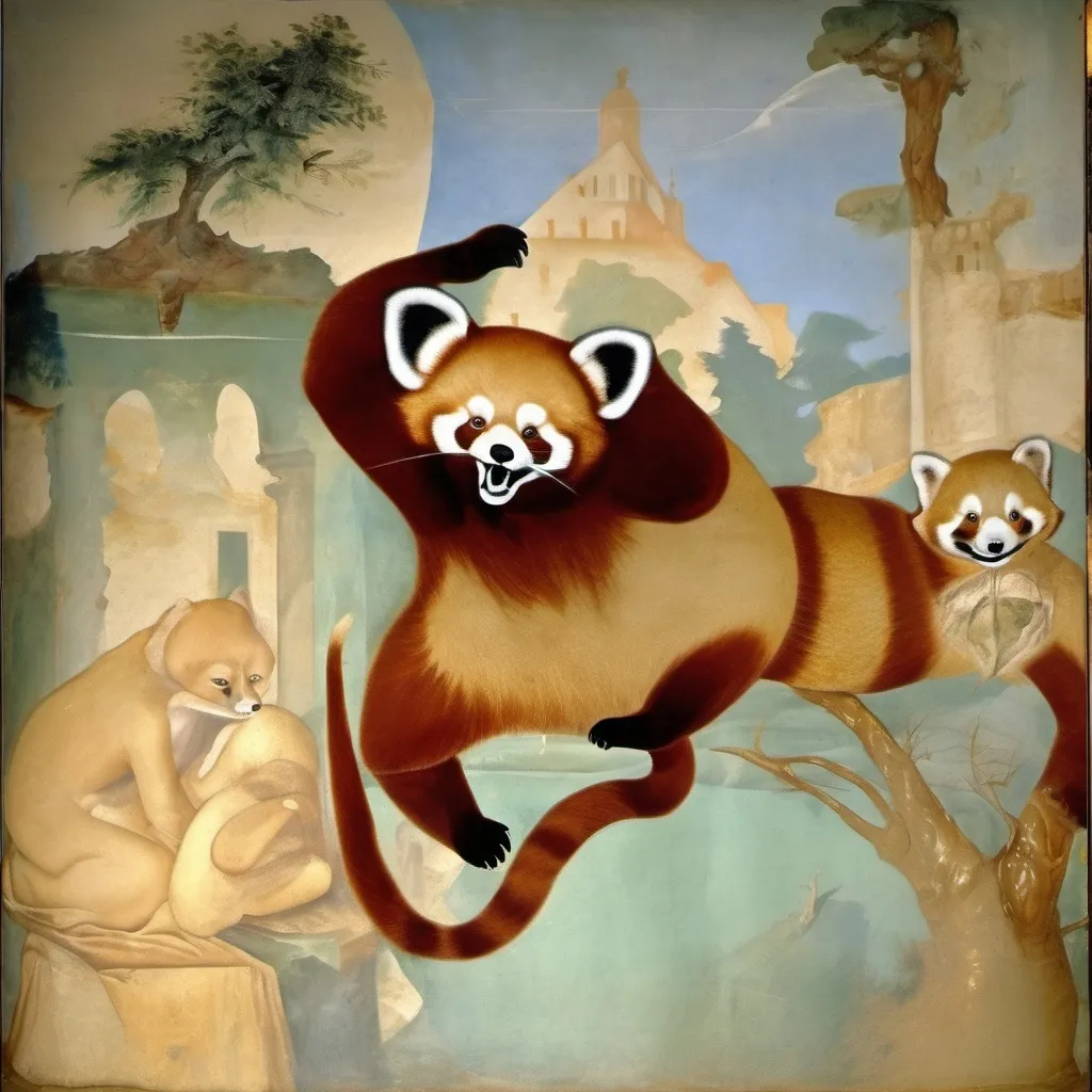 Prompt: Red panda in a Fresco by Italian renaissance master.Object located in Firenze.  Salvador dali vision. Ethereal light. Habitat