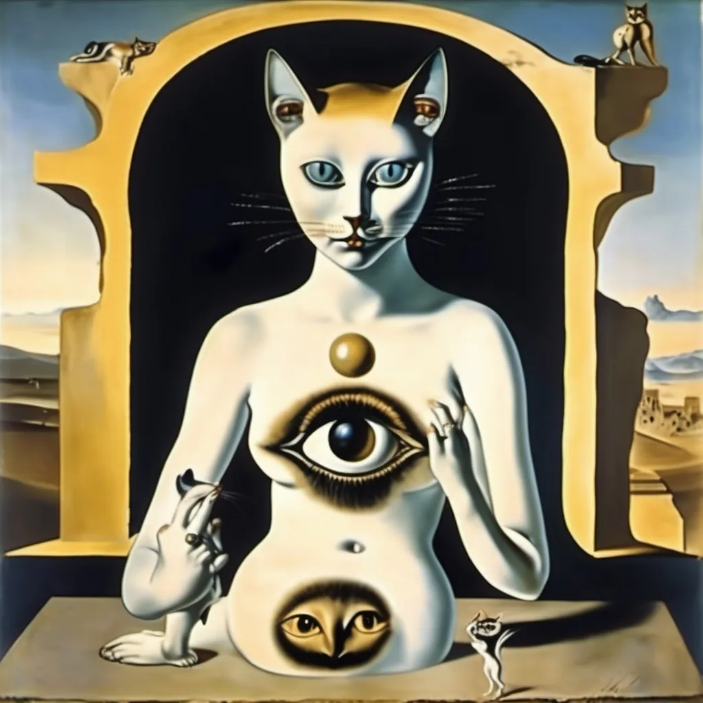 Prompt: Cat goddess, wearing a dress made of animal eyes, in a fresco, salvador dali vision, mystigue