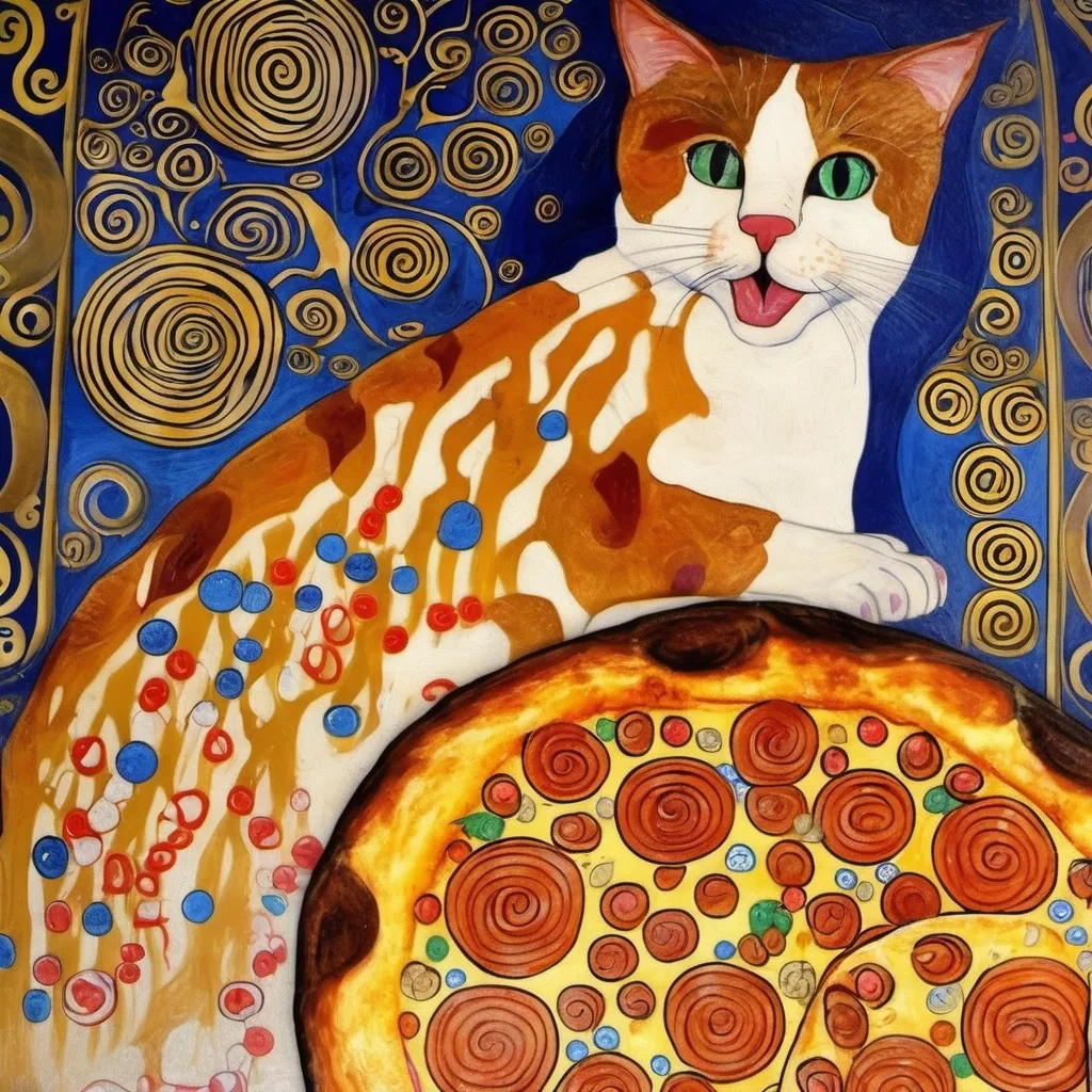 Prompt: In a fresco, Gustav klimt, jugendstil, swirls cat eats a pizza, trippy, shining sand, ceramic