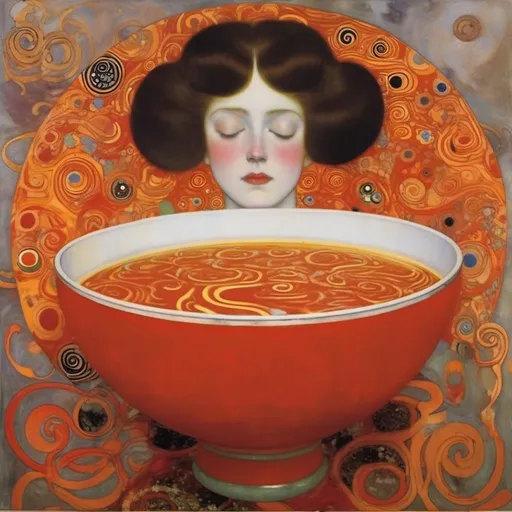 Prompt: Gustav klimt, bowl of tomato soup, trippy swirls in the soup, the love of soup