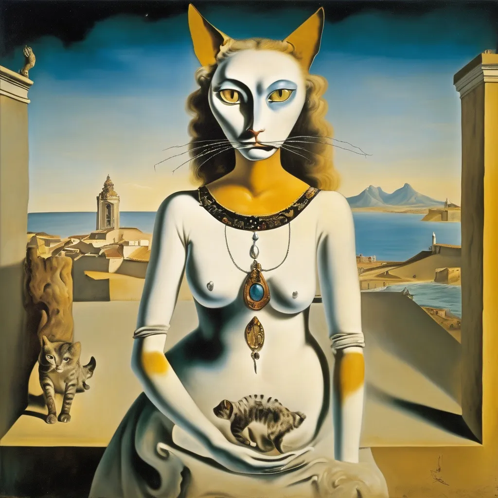 Prompt: Cat goddess, wearing a dress made of animal eyes, in a fresco, salvador dali vision, mystigue