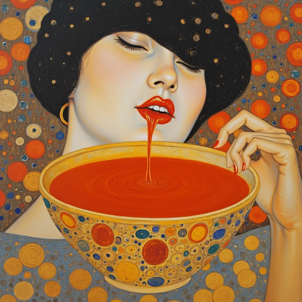 Prompt: Gustav klimt, bowl of tomato soup, finger-licking good, ceramic bowl, a face with big lips appearing from behind, licking lips with long tongue