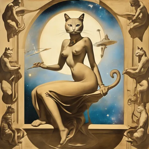 Prompt: Futuristic goddess in a Fresco by Italian renaissance master, cats, salvador dali, surreal, tombe, mythological, cats on the frame, sepia colours, in space,  1600