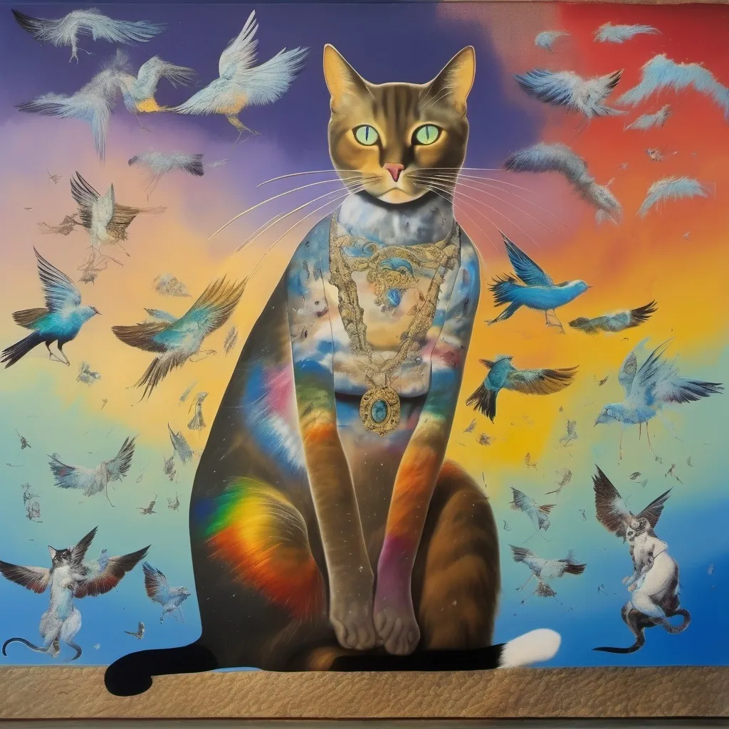 Prompt: in a fresco, Cat goddess wearing a skirt and a top, the skirt is made of starling bird feathers, the top is made of cat hair, salvador dali vision, melting, in the midst of a rainbow thunder storm, the cat is sent by god, illuminated