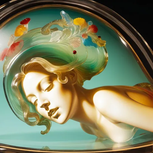 Prompt: A detailed and vibrant transparent glass sculpture of a woman, symbolist painting