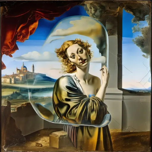 Prompt: A woman made of glass in a Fresco by Italian renaissance master.Object located in Firenze. Salvador dali vision, 