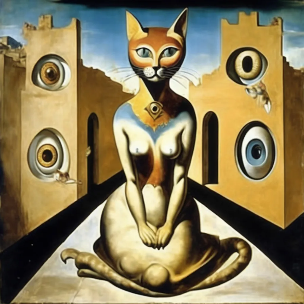 Prompt: Cat goddess, wearing a dress made of animal eyes, in a fresco, salvador dali vision, mystigue