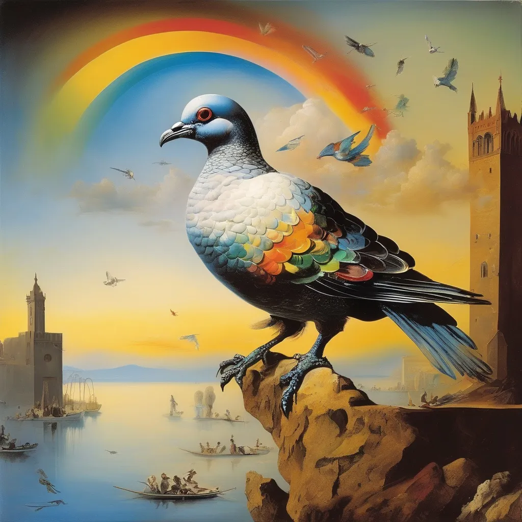 Prompt: Salvador dali vison, surreal, melting Luminous rainbow pigeon ( in a Fresco by Italian renaissance master.Object located in Firenze. ) feathers shine like fish scales. Bright colours. Every pigeon their own shades of colour.  Layers and layers of pigeons flying through a misty forest near the lake