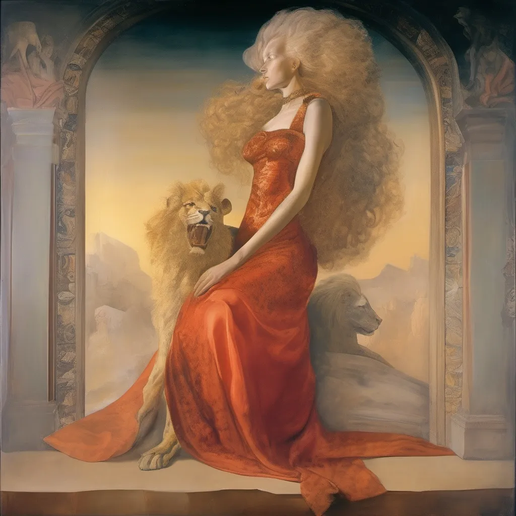 Prompt: Lady with lion-style clothing, lionhair robes, in a Fresco by italian renaissance master, 1600, futuristic portrait, salvador dali vision, mysterious, golden red light, lace, beautiful, appearing from a sandstorm, 
