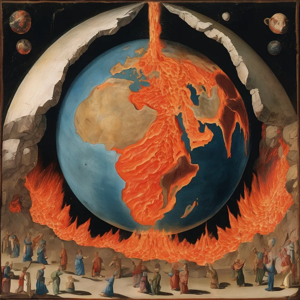 Prompt: (İn a fresco, 1600) The planet earth from inside out, lava gushing, stones forming in the shape of heads