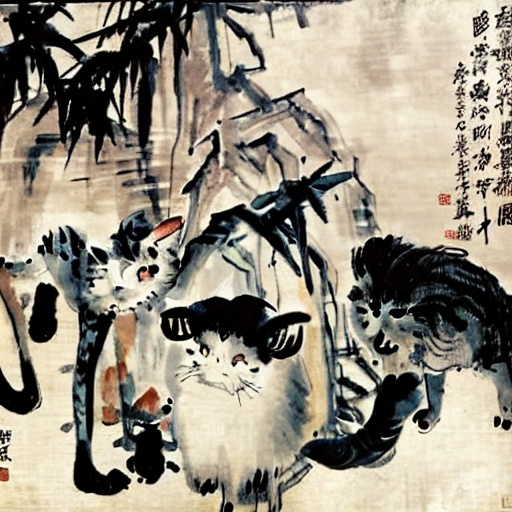Prompt: traditional Chinese ink wash painting, masterpiece, high quality, salvador dali vision, beige magical cats, melting, surreal