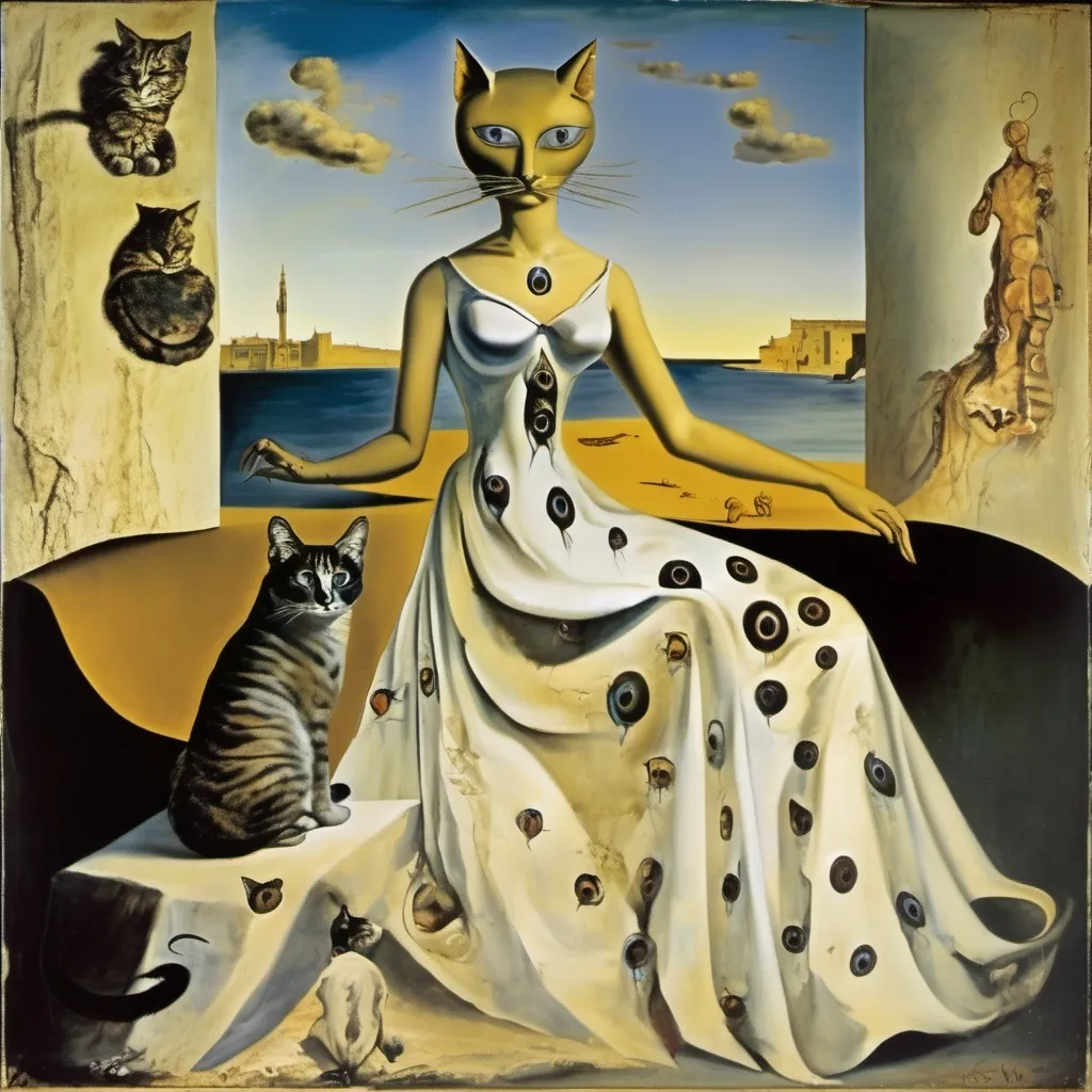 Prompt: Cat goddess, wearing a dress made of animal eyes, in a fresco, salvador dali vision, mystigue