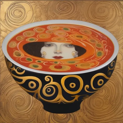 Prompt: Gustav klimt, bowl of tomato soup, trippy swirls in the soup, ceramic bowl with design, woman, gold, 
