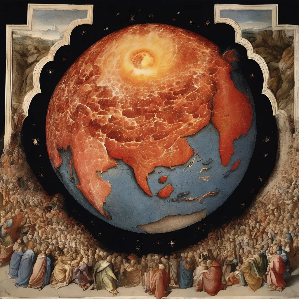 Prompt: (İn a fresco, 1600) The planet earth from inside out, lava gushing, stones forming in the shape of heads