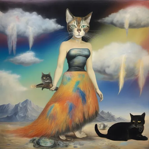 Prompt: in a fresco, Cat goddess wearing a skirt and a top, the skirt is made of starling bird feathers, the top is made of cat hair, salvador dali vision, melting, in the midst of a rainbow thunder storm, the cat is sent by god, illuminated