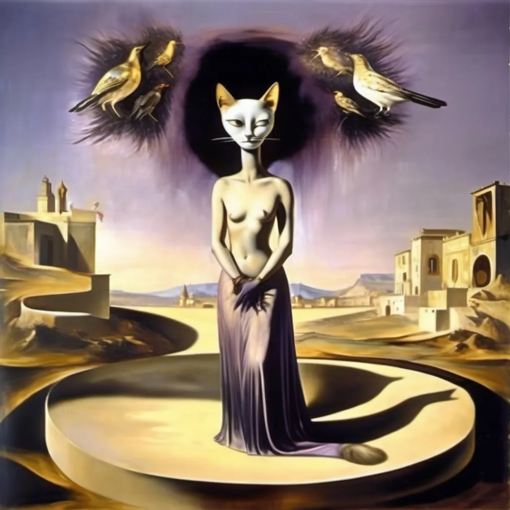 Prompt: in a fresco, Cat goddess wearing a skirt, the skirt is made of starling bird feathers ( salvador dali vision, melting, soft purple golden light