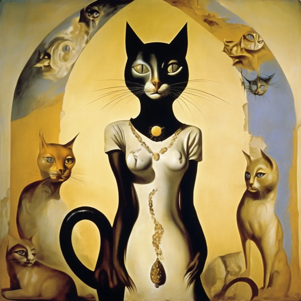 Prompt: Cat goddess, wearing a dress made of animal eyes, in a fresco, salvador dali vision, mystigue