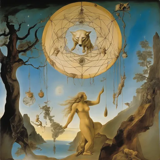 Prompt:  in a Fresco, salvador dali vision, leonardo da vinci
"The dreamcatcher of the Norse goddess, Freyja, hangs between the World Tree's branches, its web shimmering with stardust, as the goddess weaves the fates of mortals and gods, 

while the great wolf, Fenrir, sleeps fitfully in the shadows, his eyes glowing like embers."