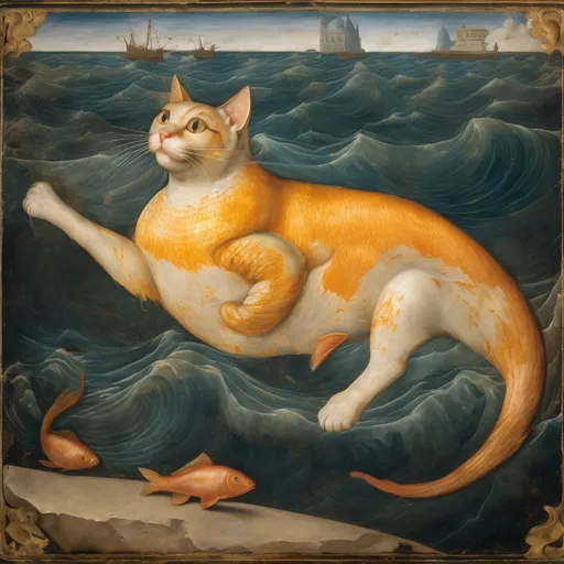 Prompt: Swimming cat with skin like a gold fish in a Fresco by Italian renaissance master.Object located in Firenze. Storm at sea