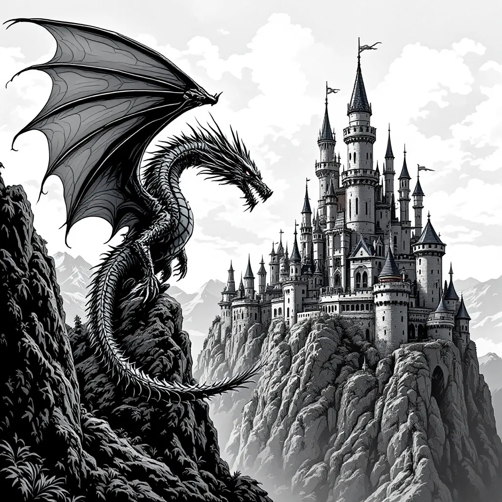 Prompt: a dragon flying by a castle. highly detailed vector for laser engraving