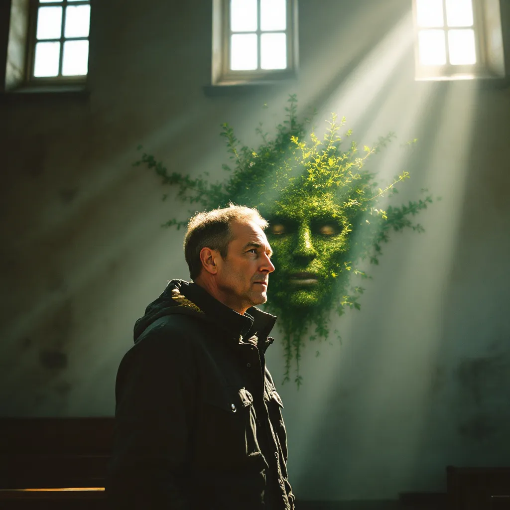 Prompt: A middle aged man in jacket in a church. The mood is Italian Giallo, light streaming through windows. On the wall, a 'Green Man' - foliage face, with green foliage growing from his eyes, ears and nose. 