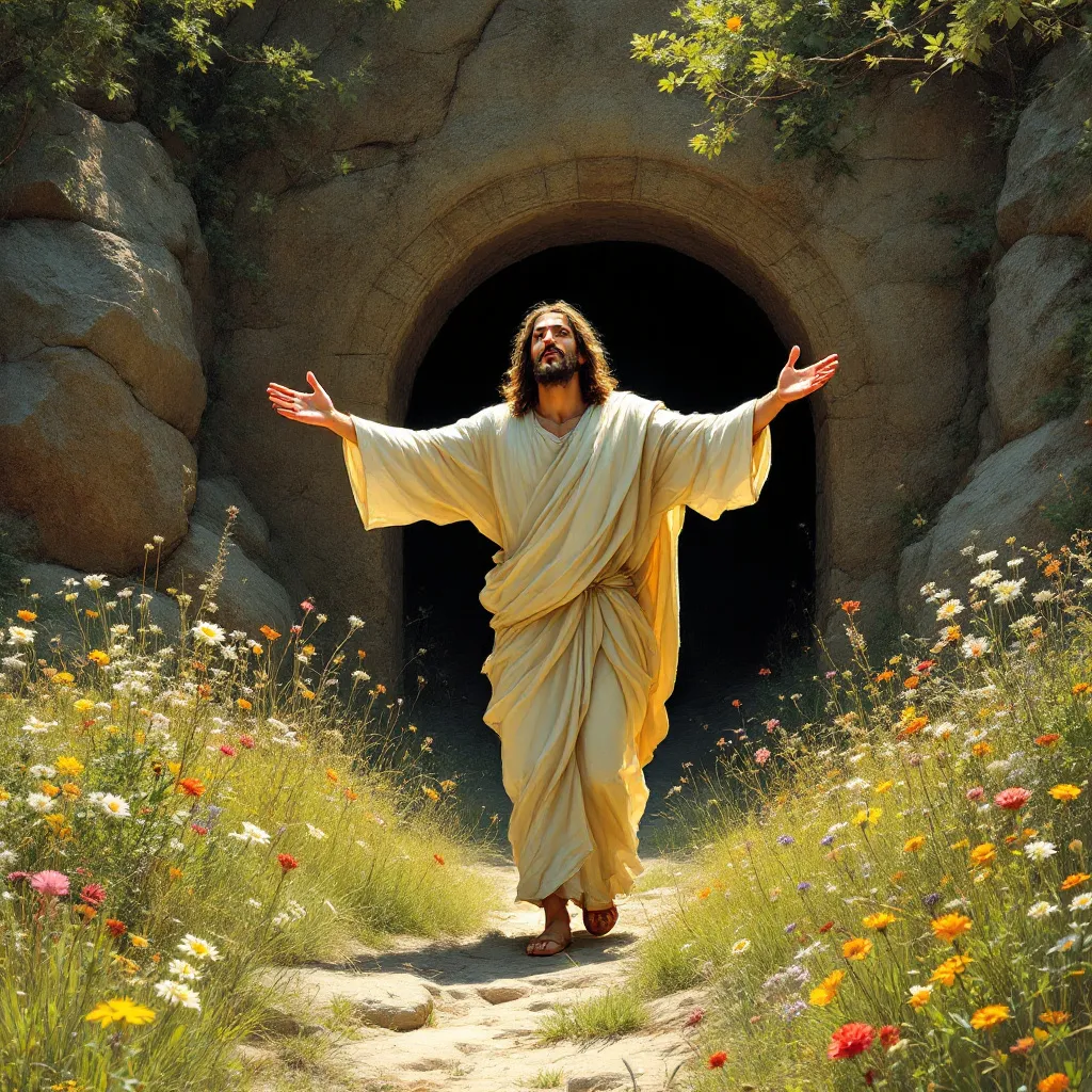 Prompt: Jesus Christ leaving the tomb
surrounded  by light arms outstreched with wild flowers around the walk way

