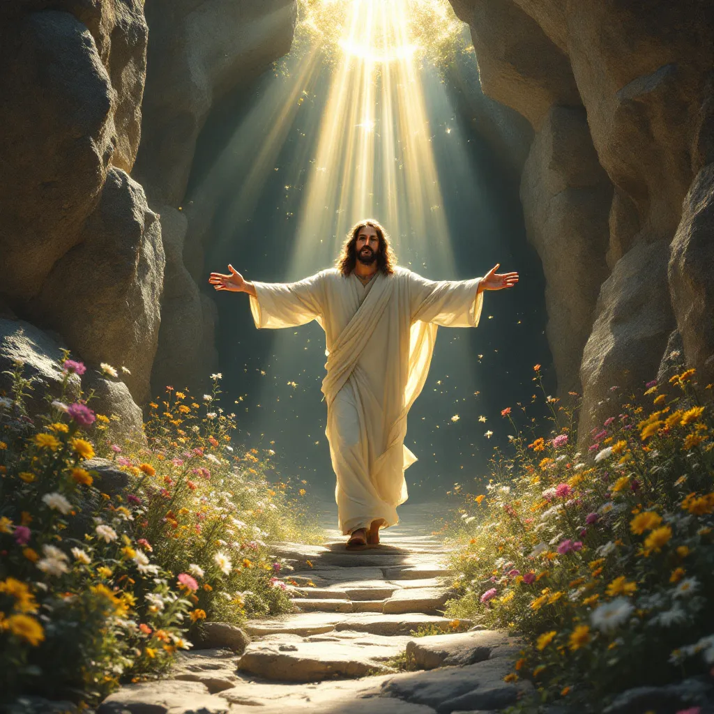 Prompt: Jesus Christ leaving the tomb
surrounded  by light arms out streched with wild flowers around the walk way with a pillar of light shining down on him

