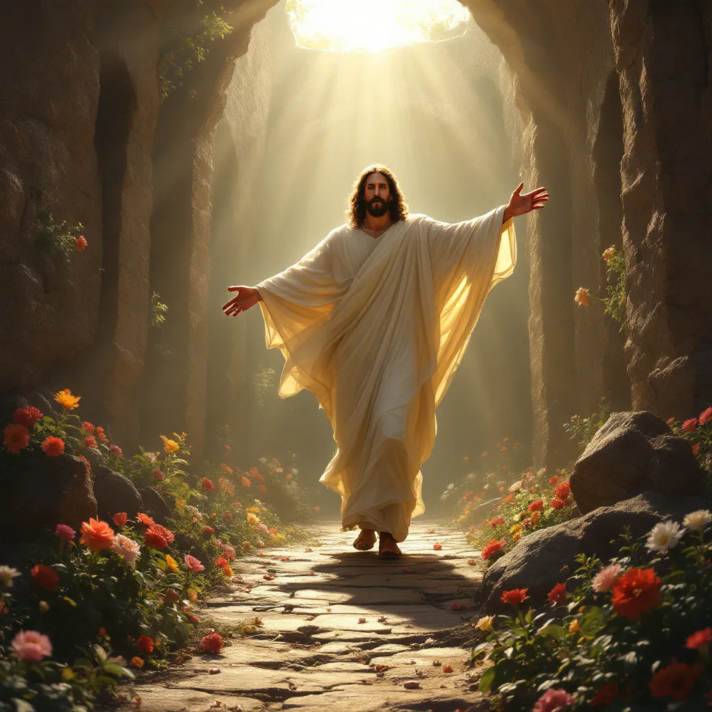 Prompt: Jesus Christ leaving the tomb
surrounded  by light arms outstreched with flowers around the walk way

