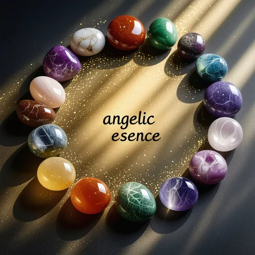 Prompt: un solo circulo de piedras sanadoras de diferentes colores que estan flotando y de fondo tiene una luz dorada y en el centro del circulo la frase esencia angelical